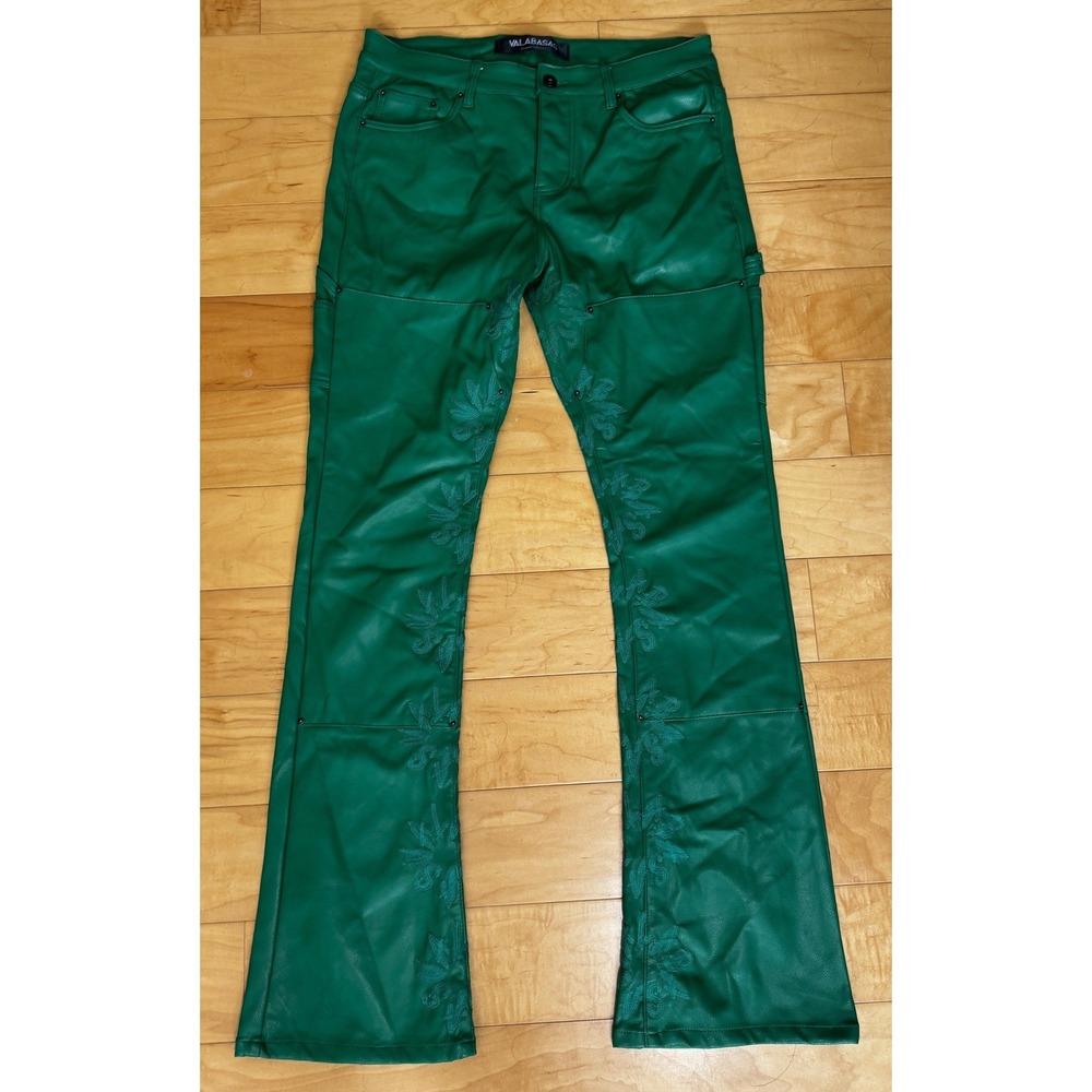 Valabasas Mens Carpenter Faux Leather Embroidered Green Pants 36 Meas: 35x35.5